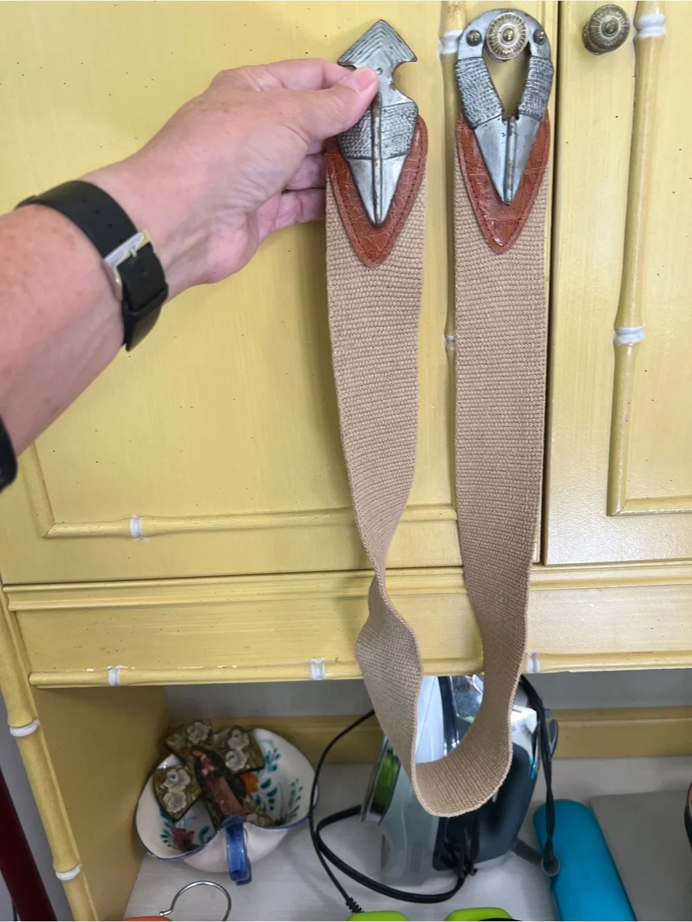 Omega Beige Canvas Belt with Brown Accents and Silver Decorative Buckle